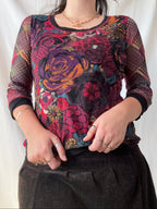 Colourful Mesh Floral Long Sleeve Top | Est. Size L - Zip Vintage