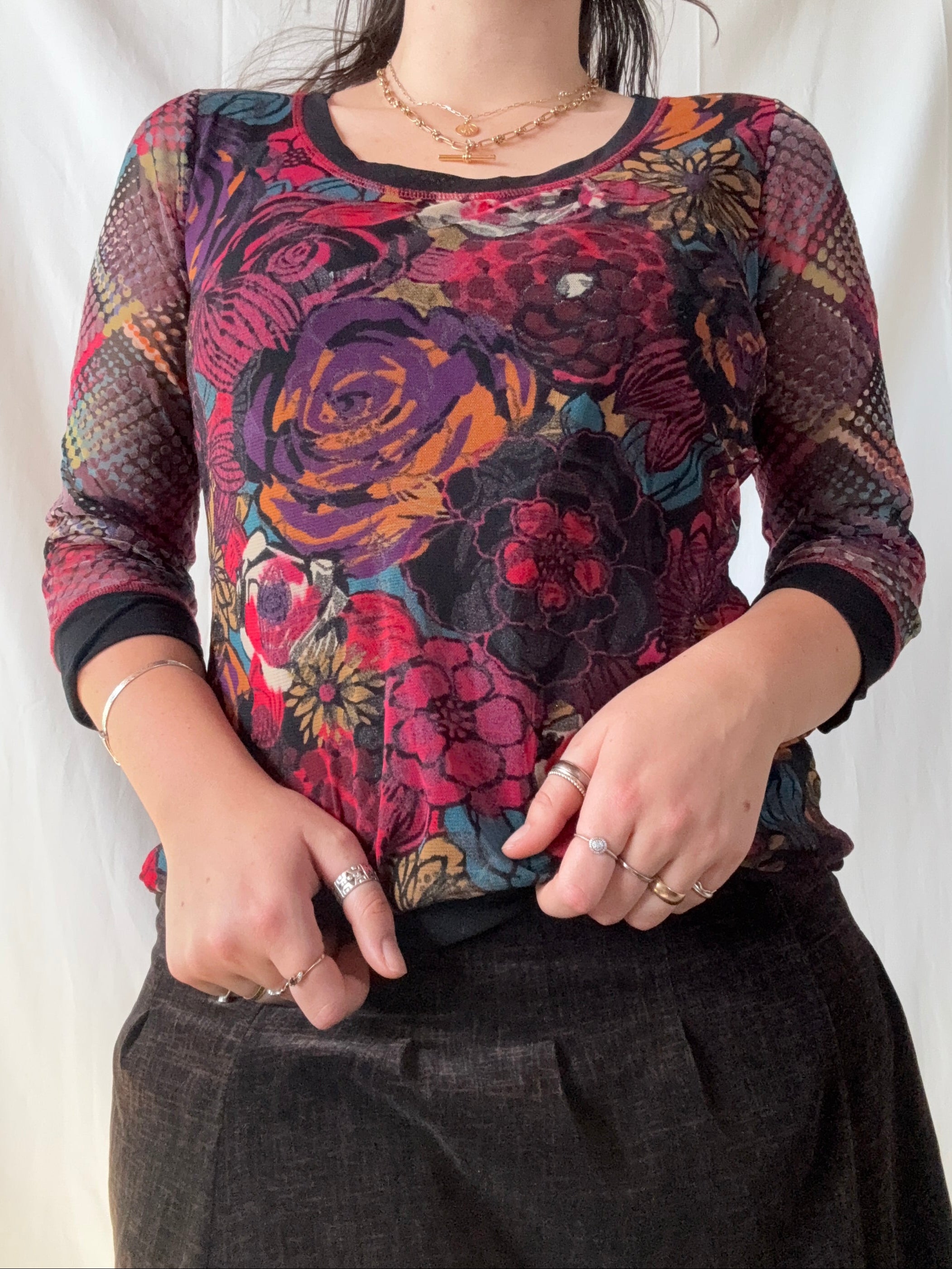 Colourful Mesh Floral Long Sleeve Top | Est. Size L - Zip Vintage