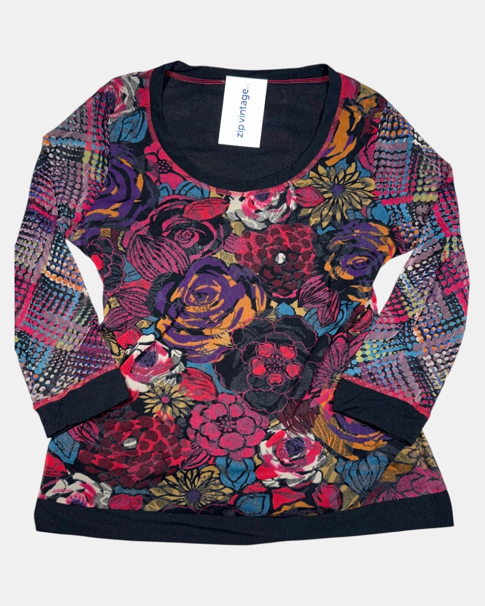 Colourful Mesh Floral Long Sleeve Top | Est. Size L - Zip Vintage