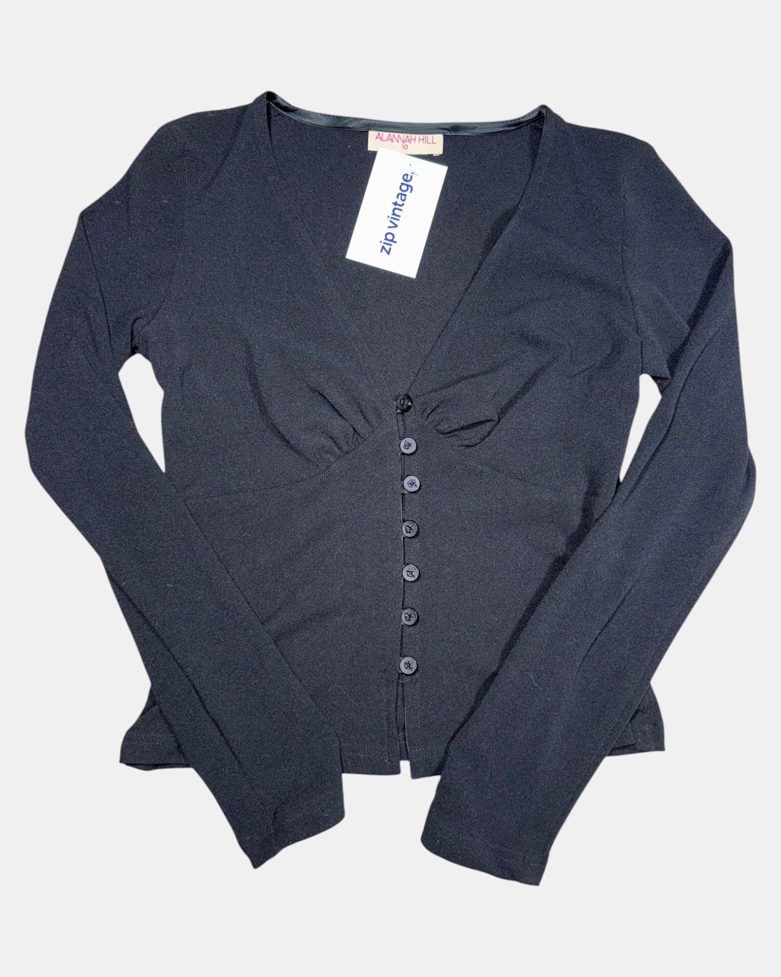Black Mesh Button-Up Long Sleeve Top | Size 10