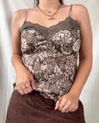 Brown and Cream Cami Top with Green Trim