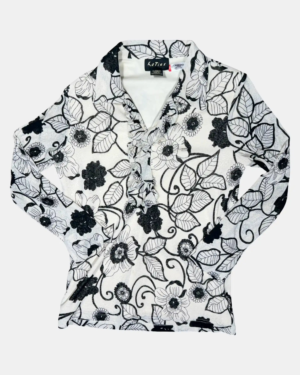 Black and White Floral Long Sleeve Mesh Top