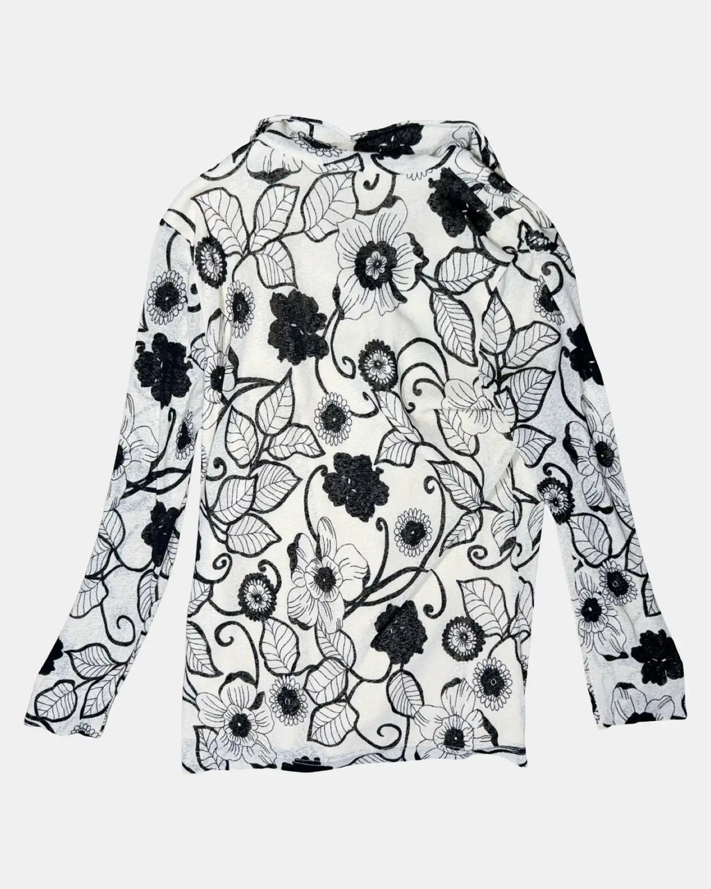 Black and White Floral Long Sleeve Mesh Top