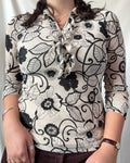 Black and White Floral Long Sleeve Mesh Top