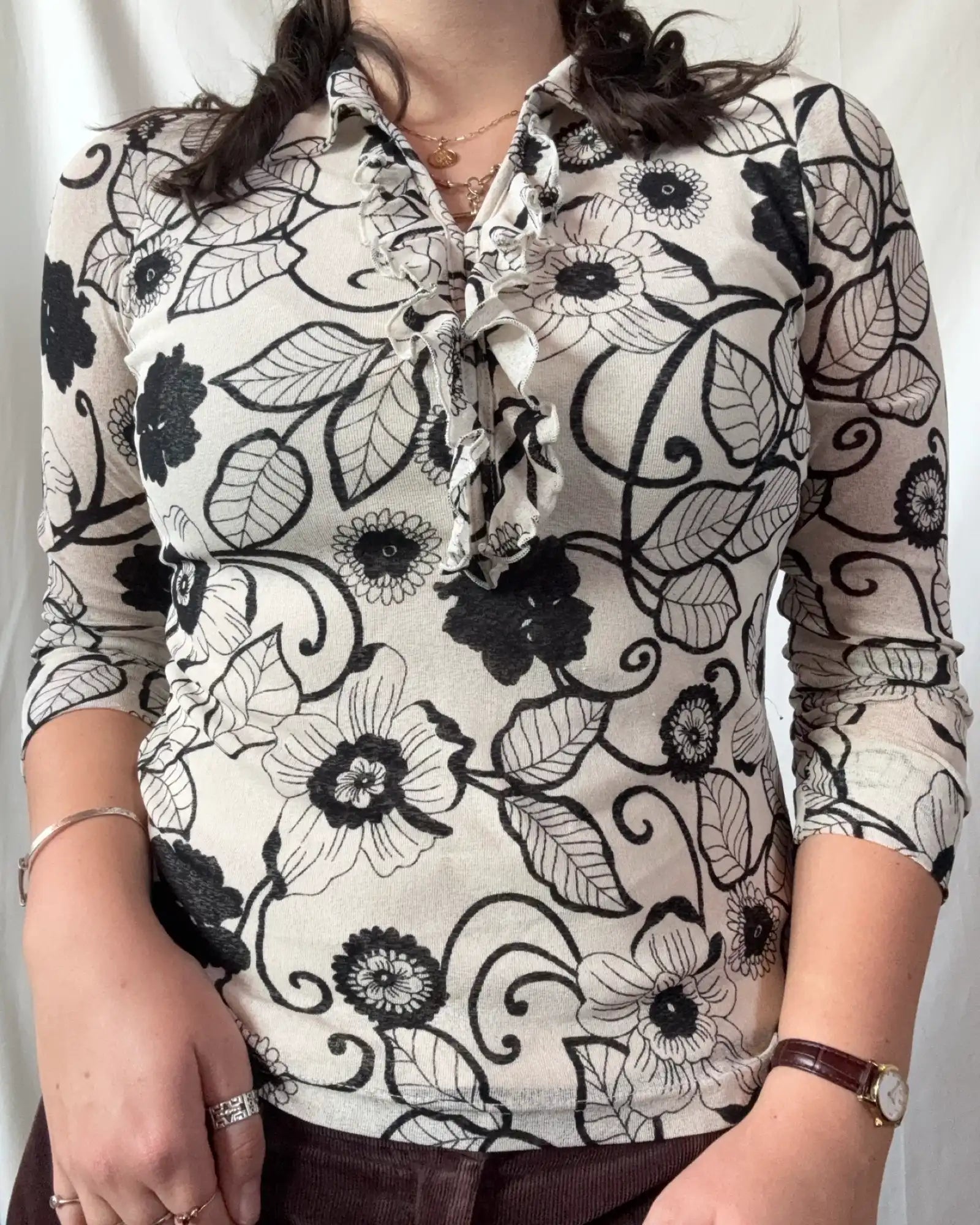 Black and White Floral Long Sleeve Mesh Top