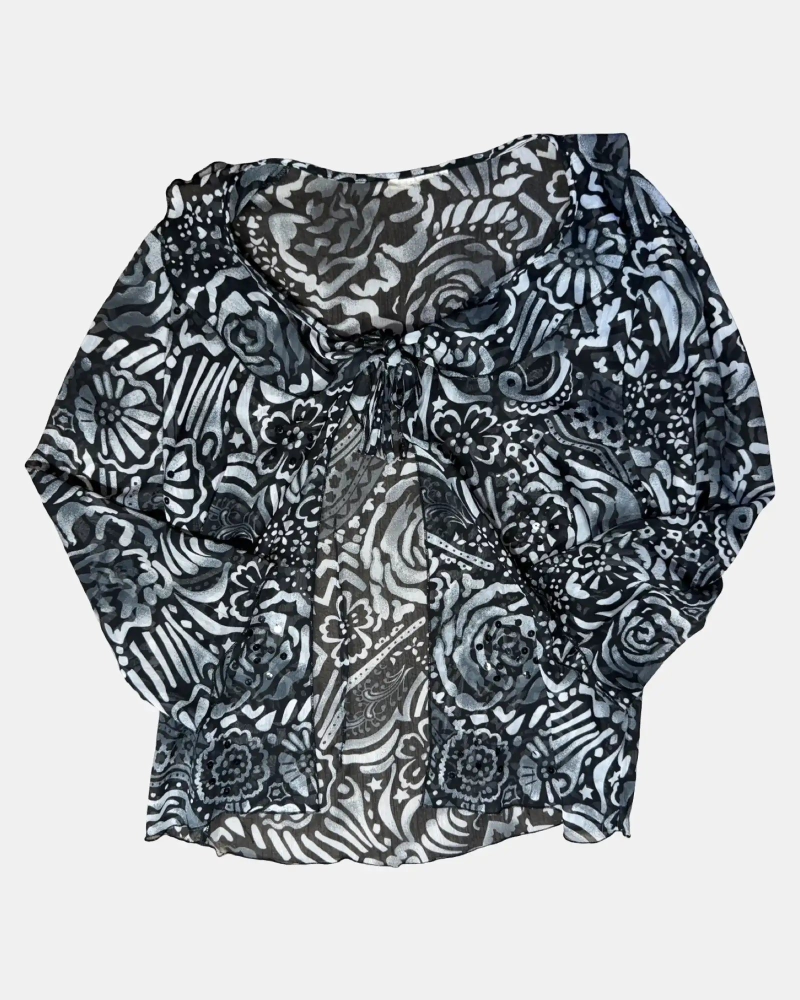 Black and White Flowy Mesh Tie Up Top