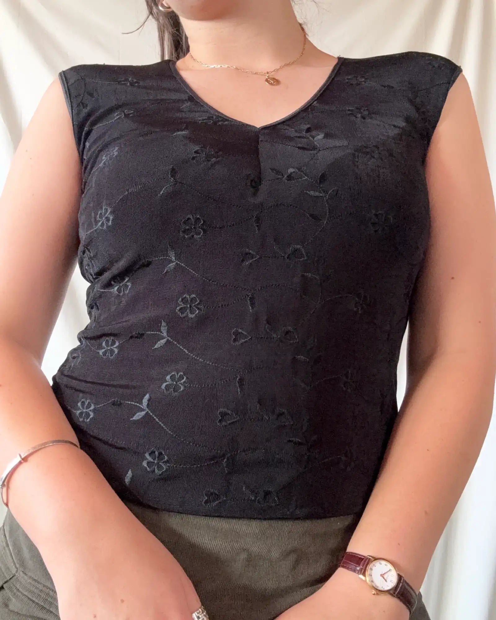 Black Top with Floral Details