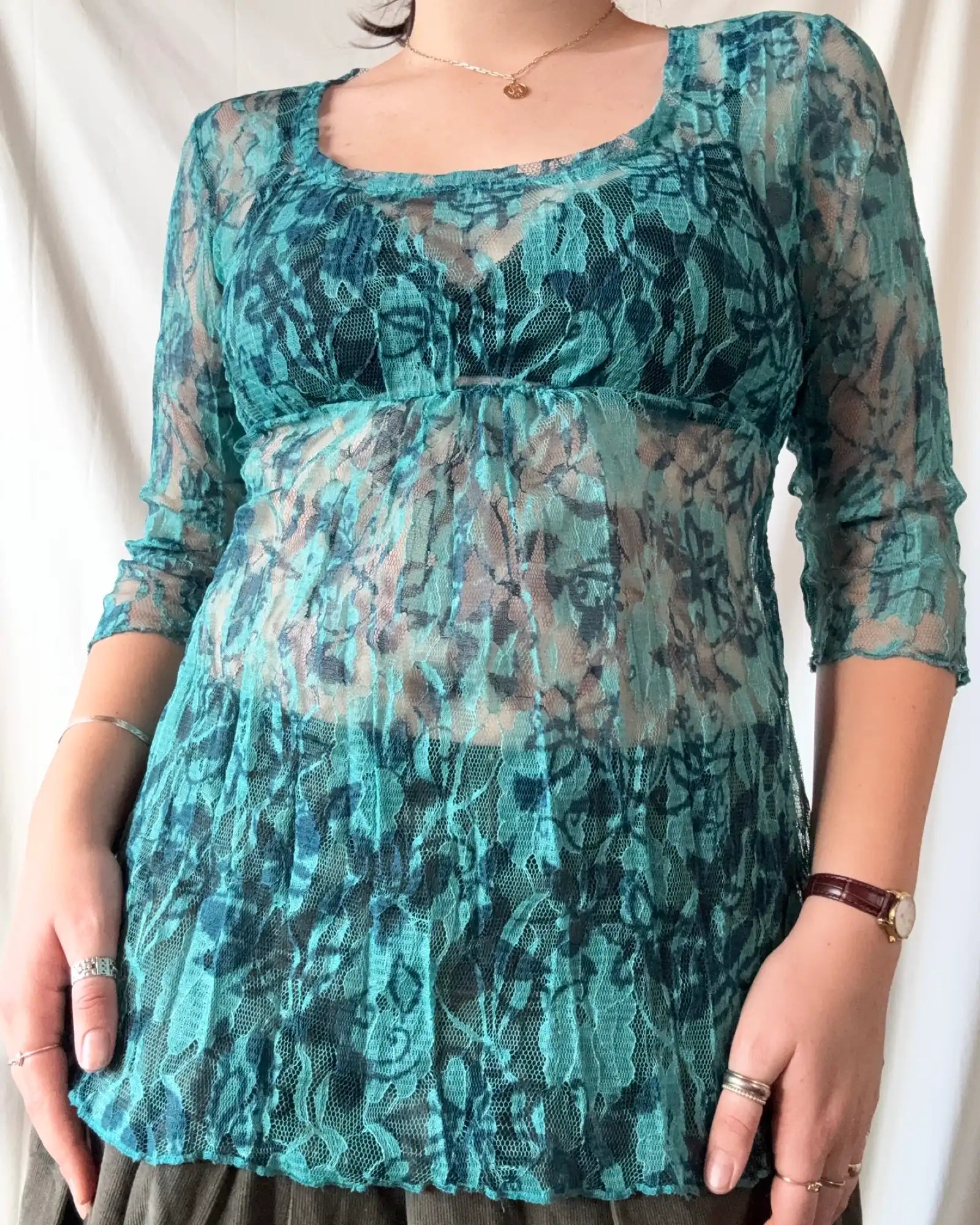 Blue Mesh Lace Long Sleeve