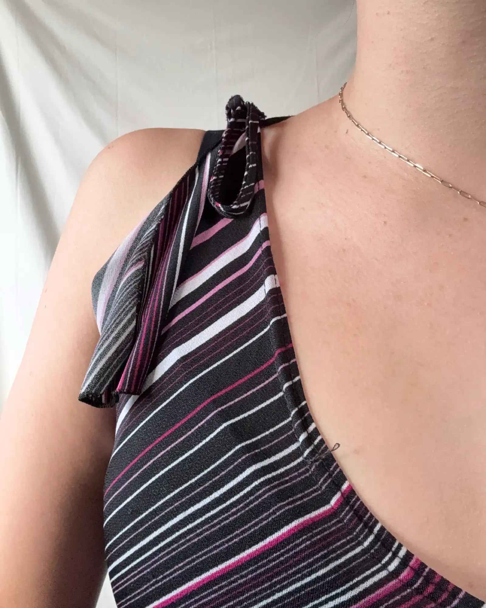 Black Pink Striped Top with Tie Up Sleeve