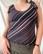 Black Pink Striped Top with Tie Up Sleeve