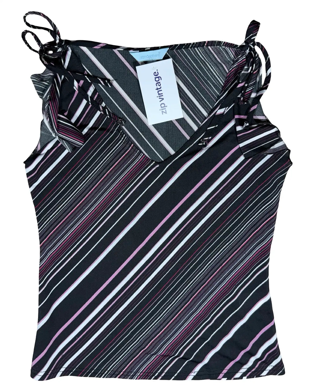 Black Pink Striped Top with Tie Up Sleeve