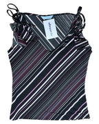 Black Pink Striped Top with Tie Up Sleeve