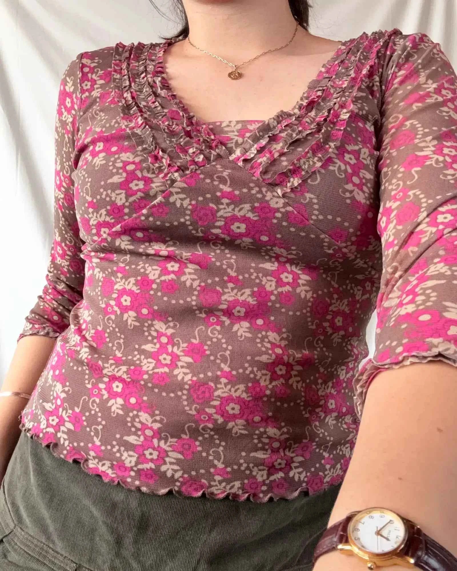 Fairy Core Brown and Pink Flowy Top