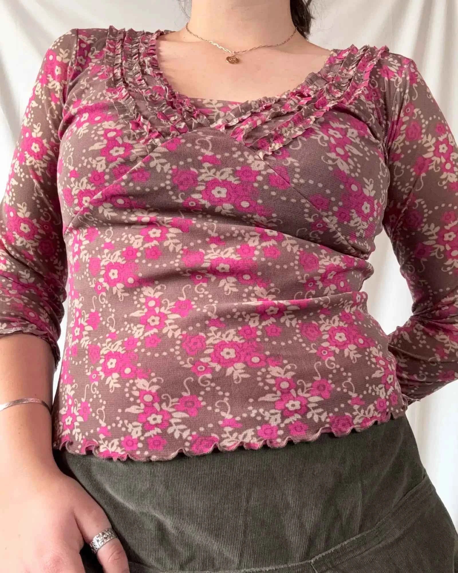 Fairy Core Brown and Pink Flowy Top