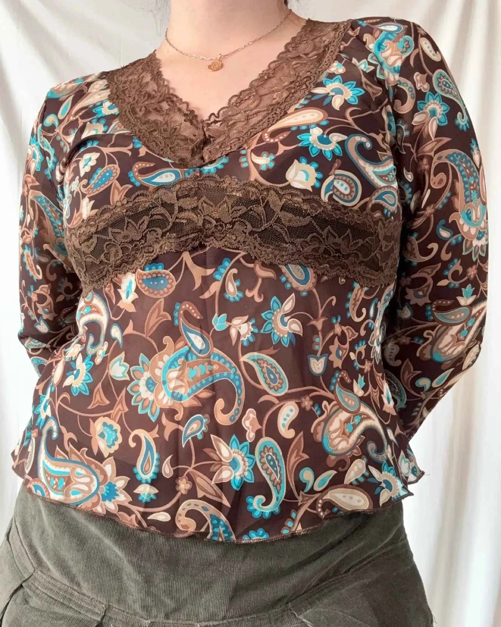 Brown and Blue Whimsical Flowy Top
