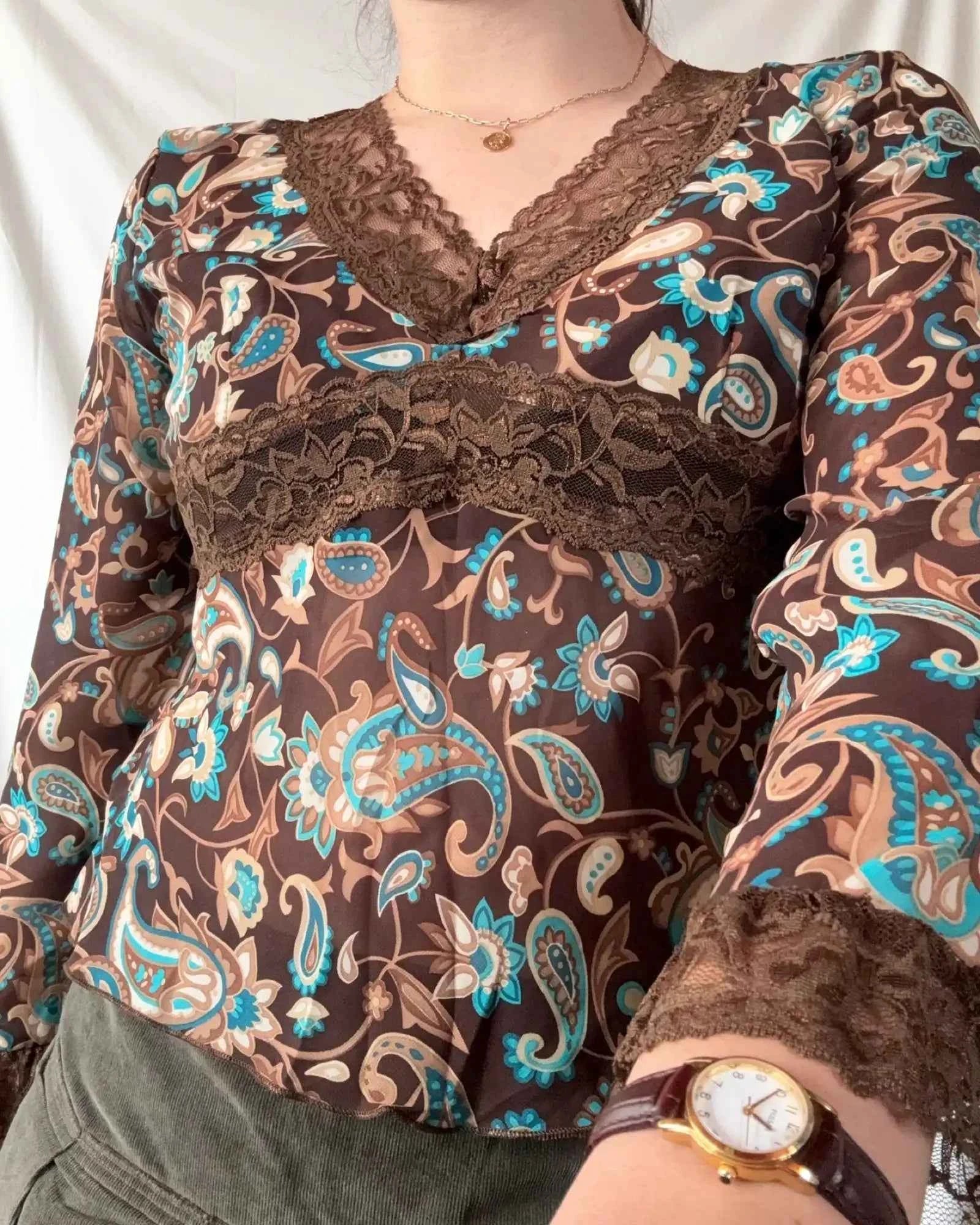 Brown and Blue Whimsical Flowy Top