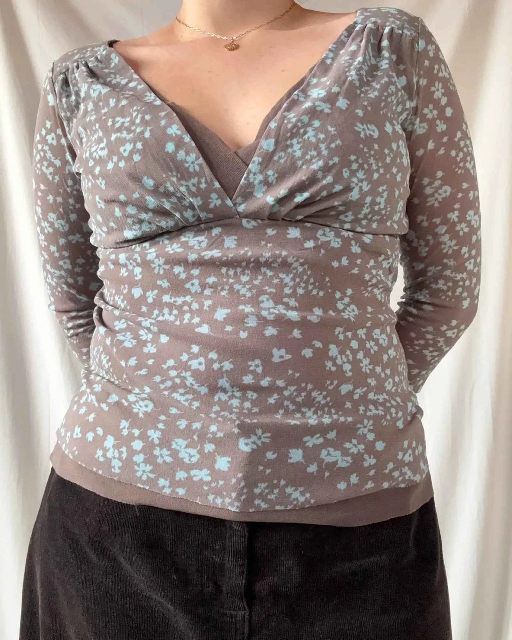 Brown and Blue Mesh Patterned Top