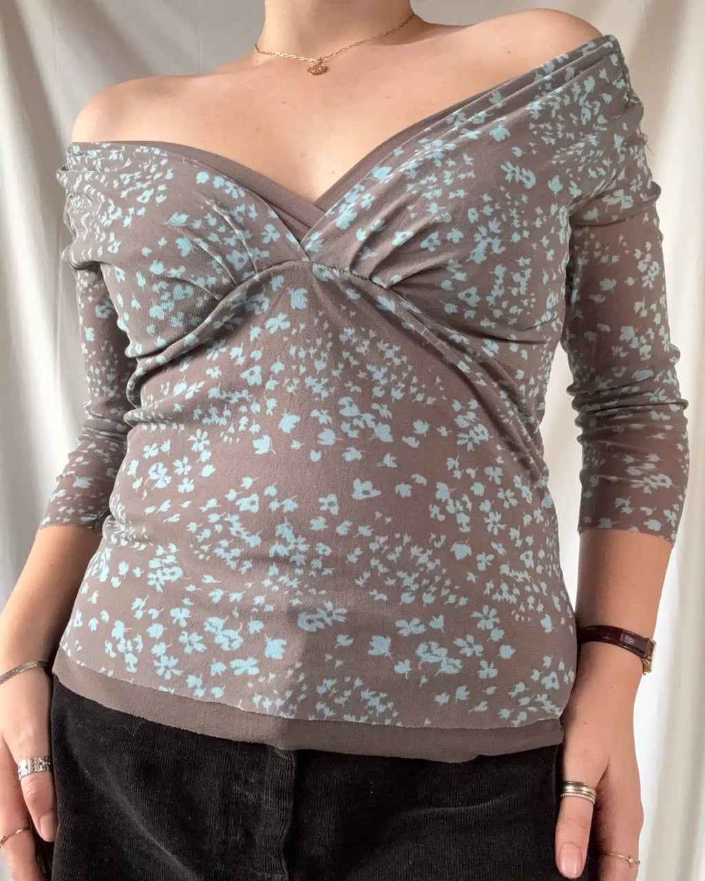 Brown and Blue Mesh Patterned Top