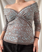 Brown and Blue Mesh Patterned Top