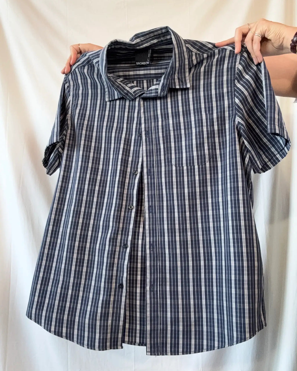 Blue and White Checked Button Up Top