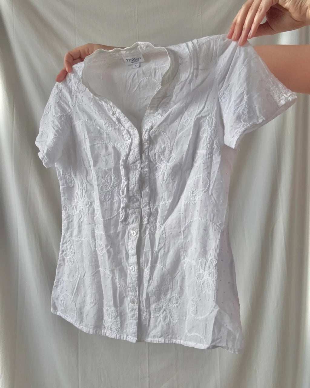 White Floral Detail Button Up Top