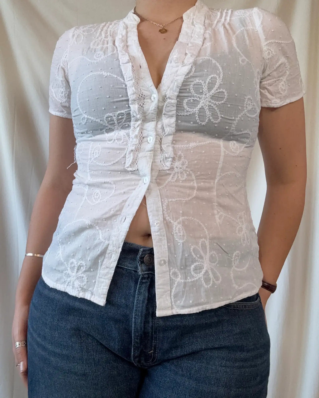 White Floral Detail Button Up Top