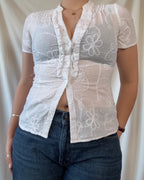 White Floral Detail Button Up Top