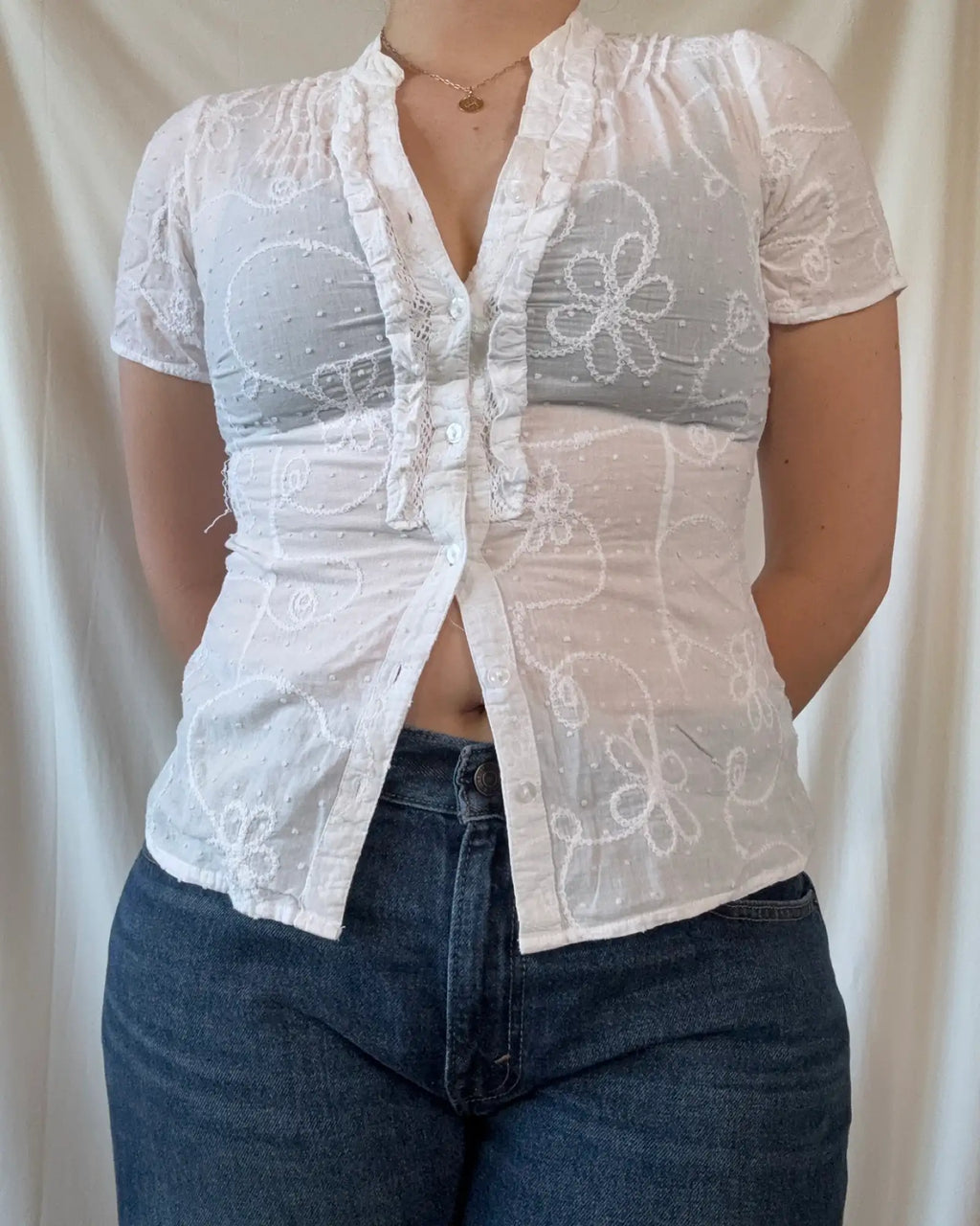 White Floral Detail Button Up Top