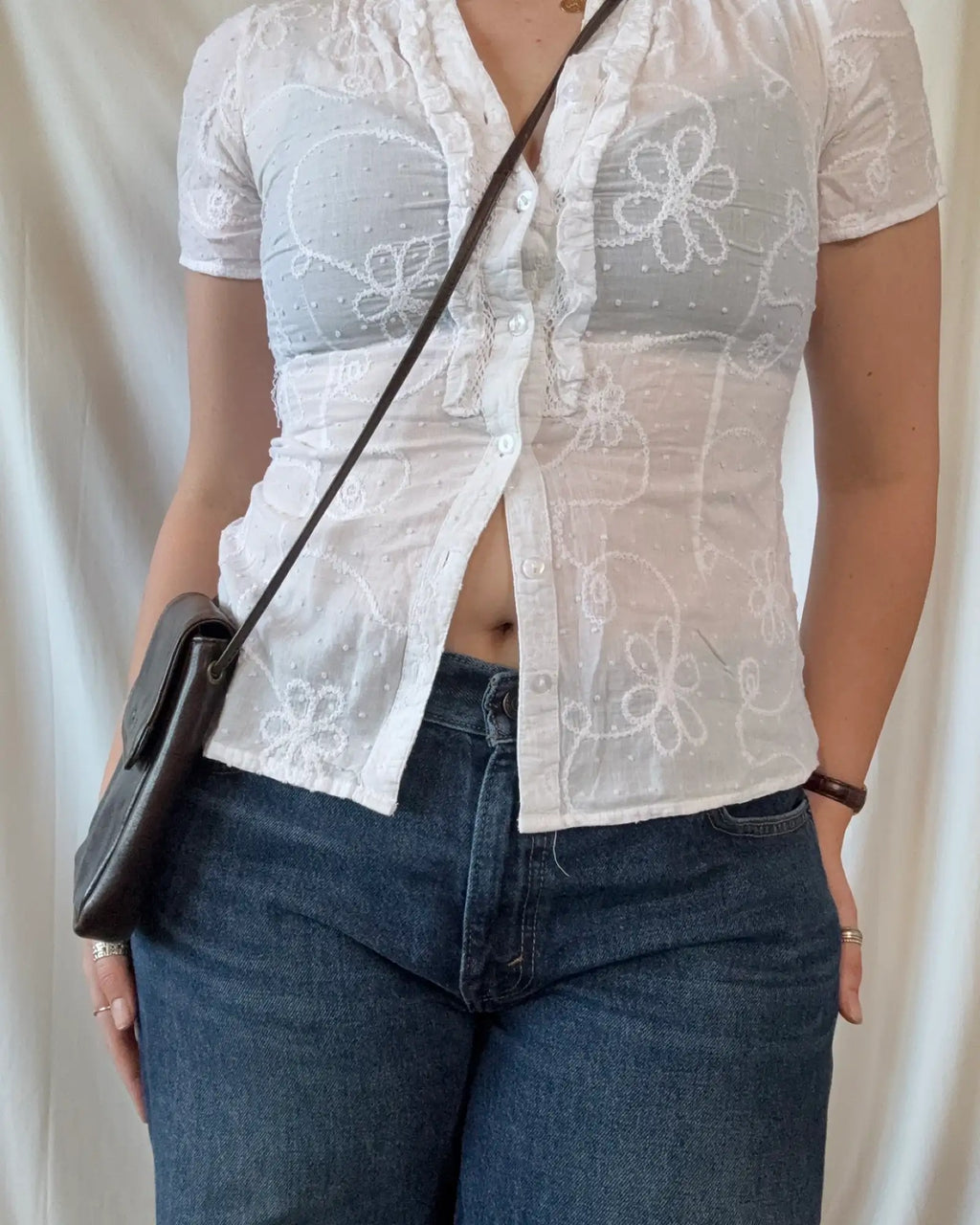White Floral Detail Button Up Top