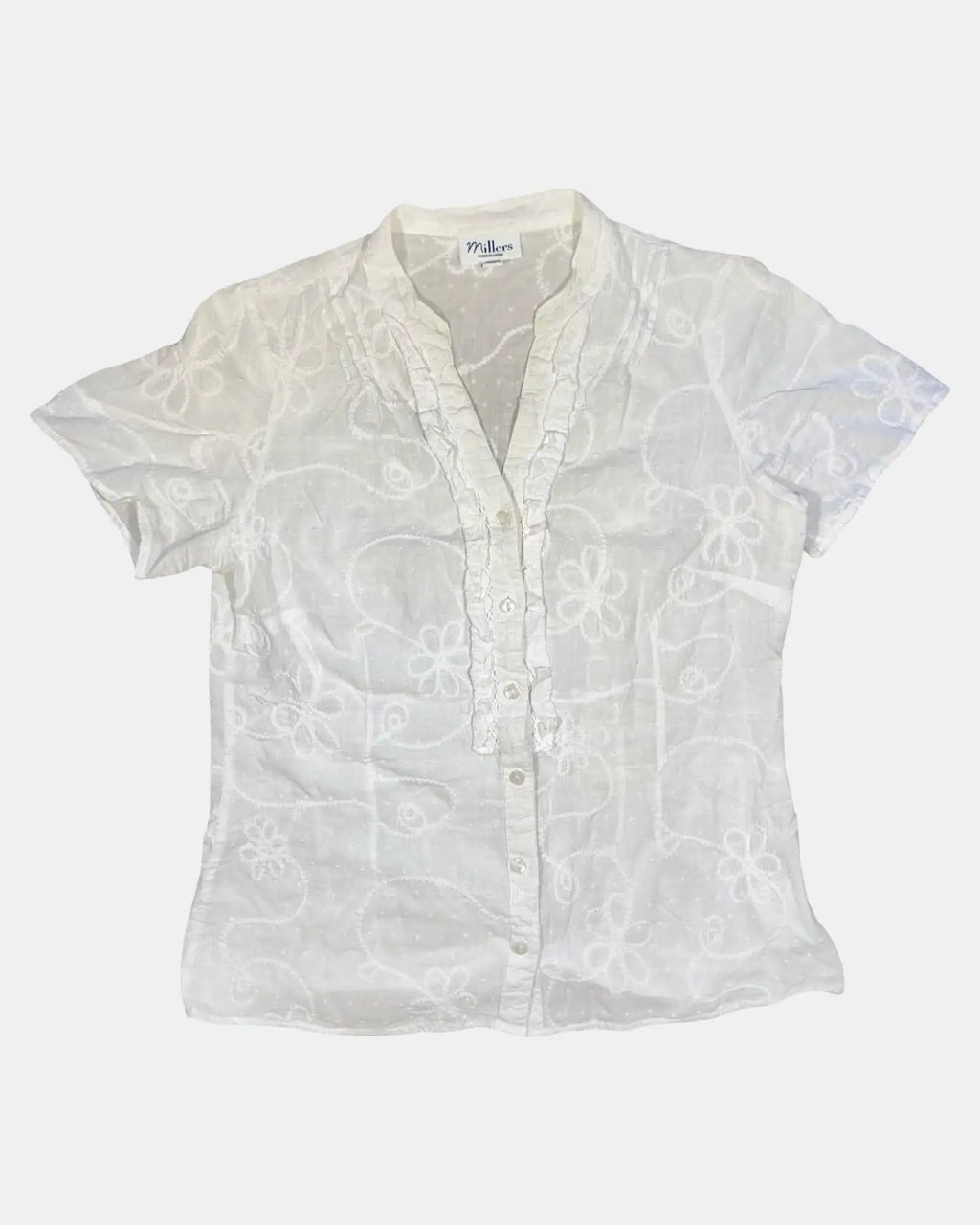White Floral Detail Button Up Top