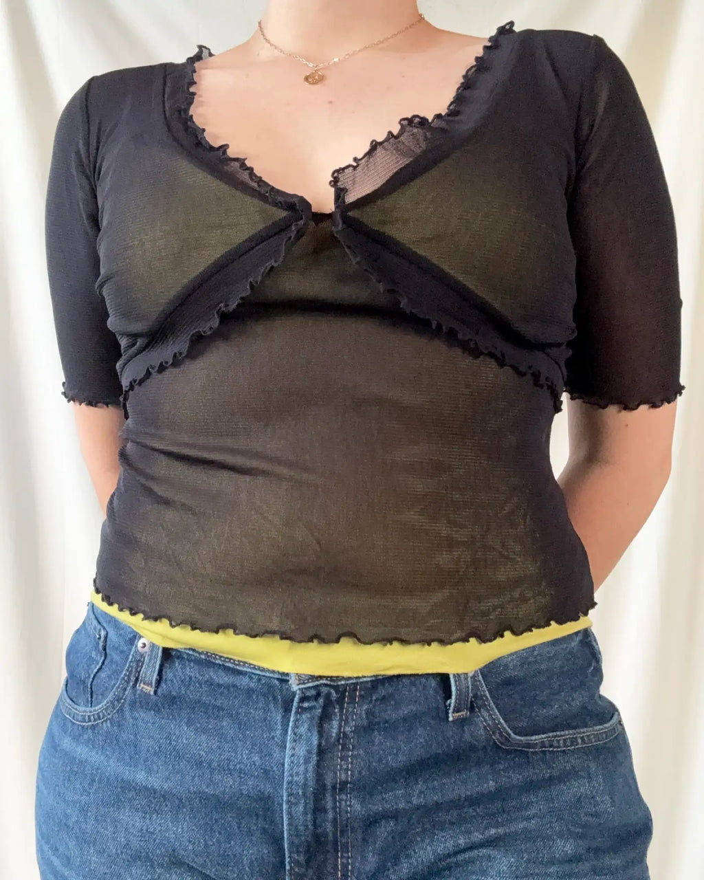 Black and Green Mesh Wrap Top