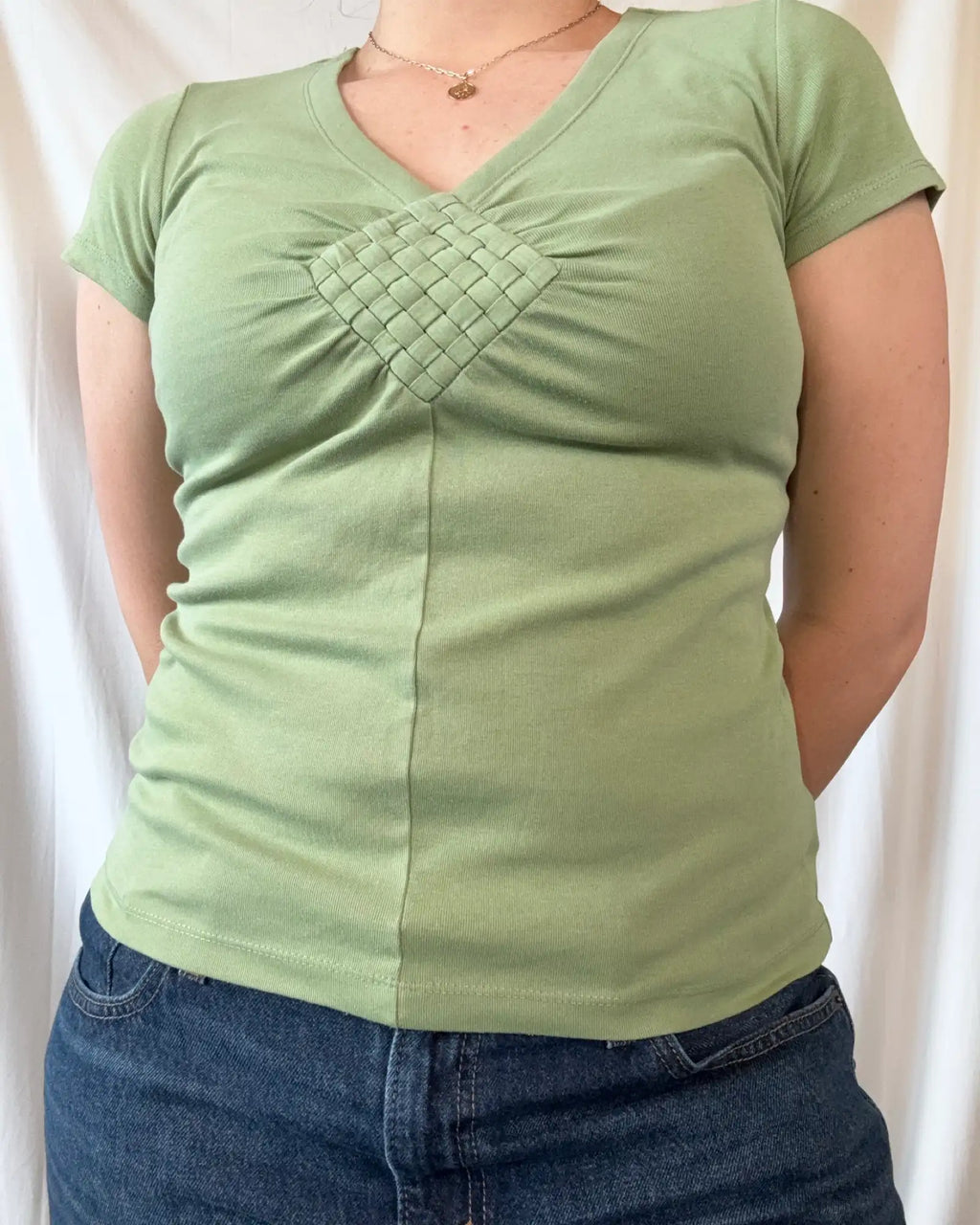 Green 90s Style V Neck Top