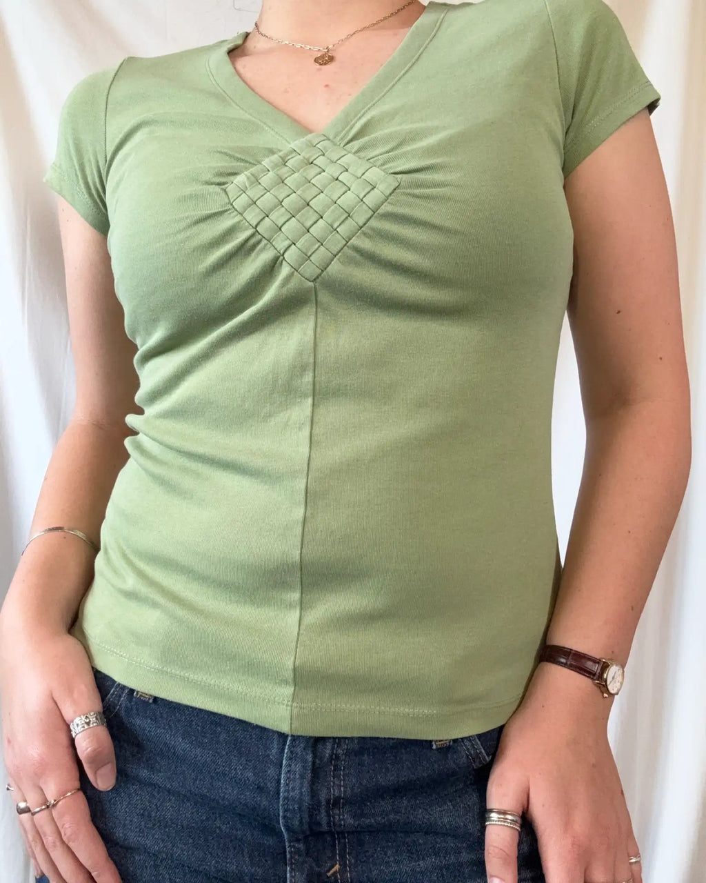 Green 90s Style V Neck Top