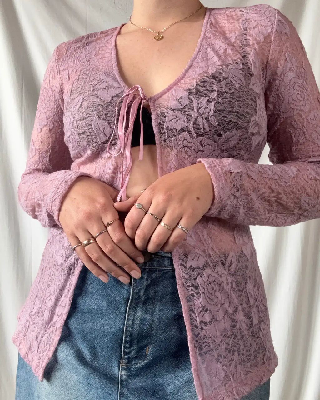 Pink Lace Tie Up Cardigan