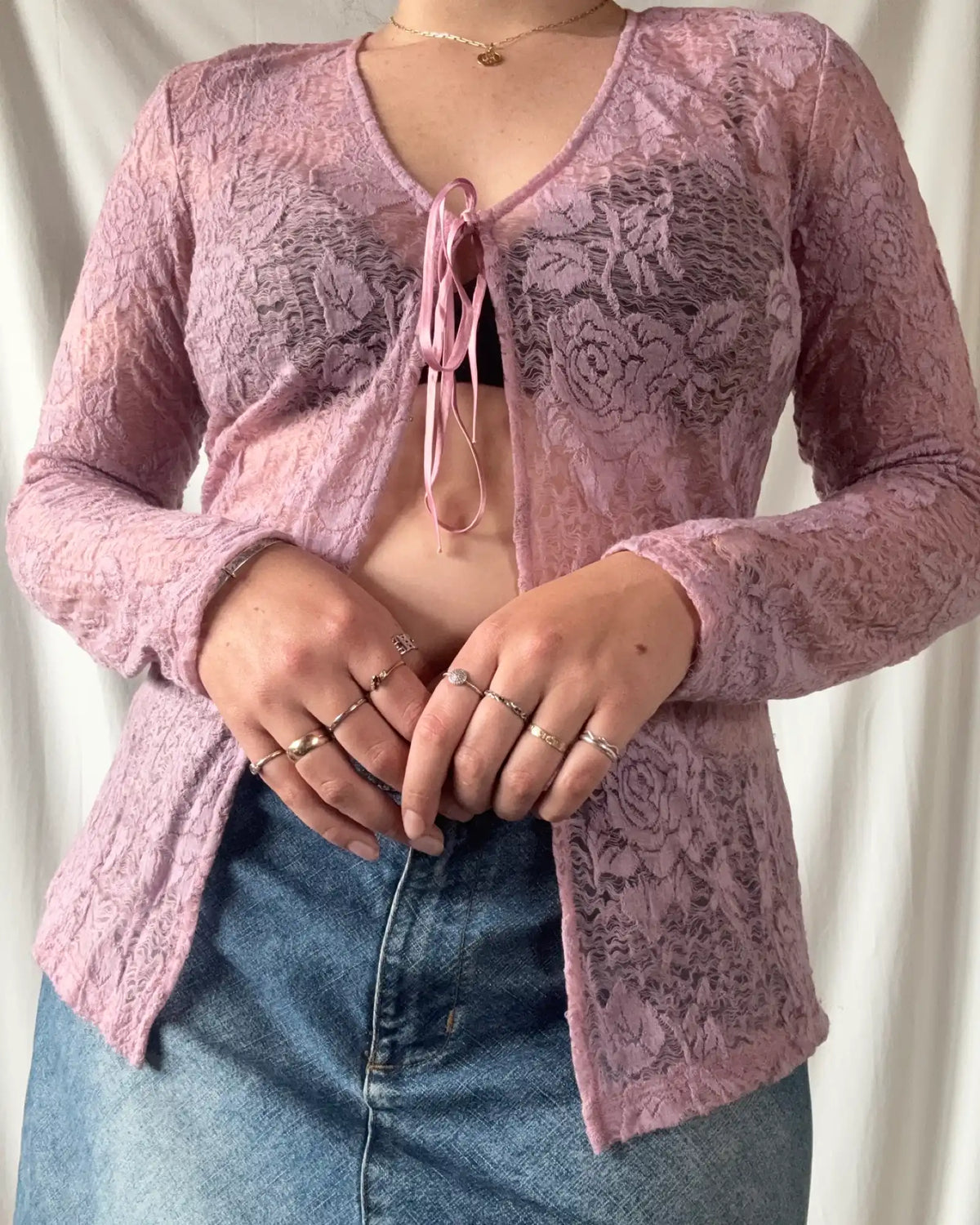 Pink Lace Tie Up Cardigan