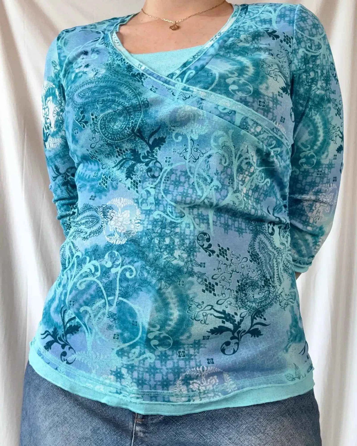 Blue Flowy Mesh Wrap Top