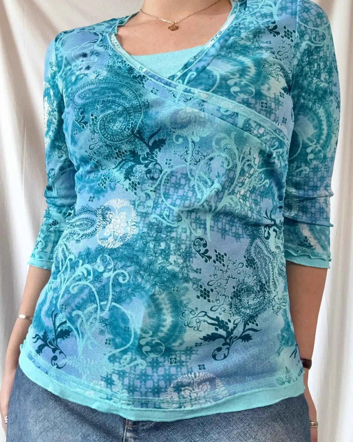 Blue Flowy Mesh Wrap Top