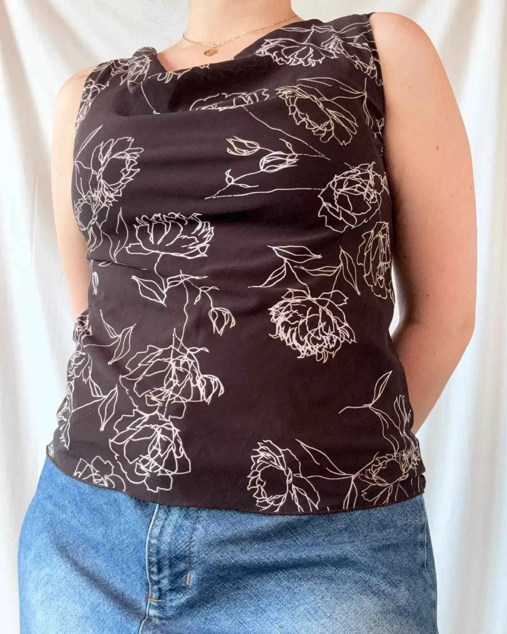 Brown Floral Scoop NeckTop