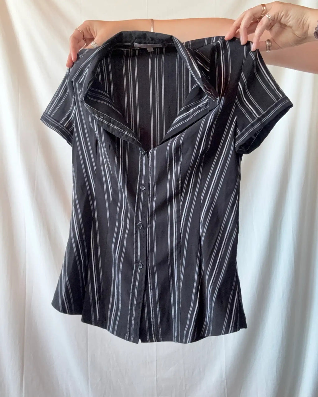 Black and Grey Striped Button Up Blouse