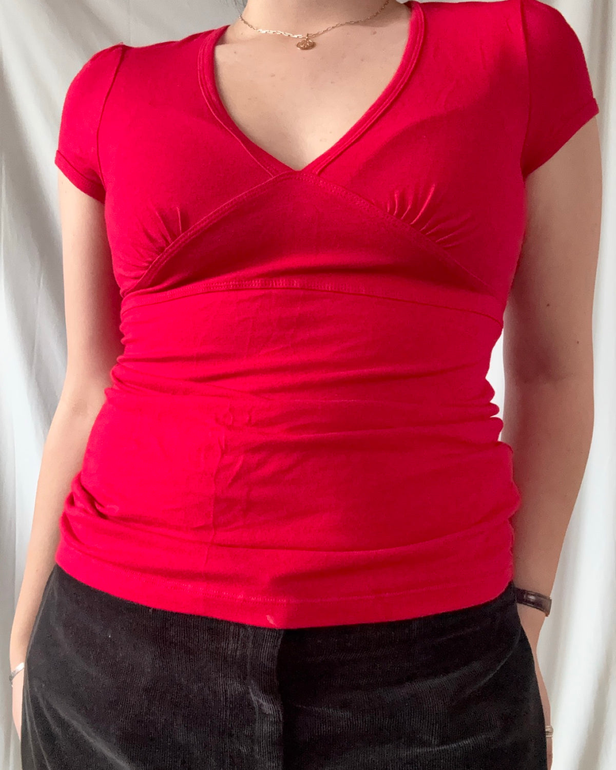 Red Staple Tie Up Wrap Top