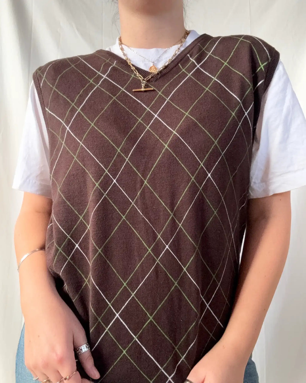 Brown Knit Vest with Green & White Stripes