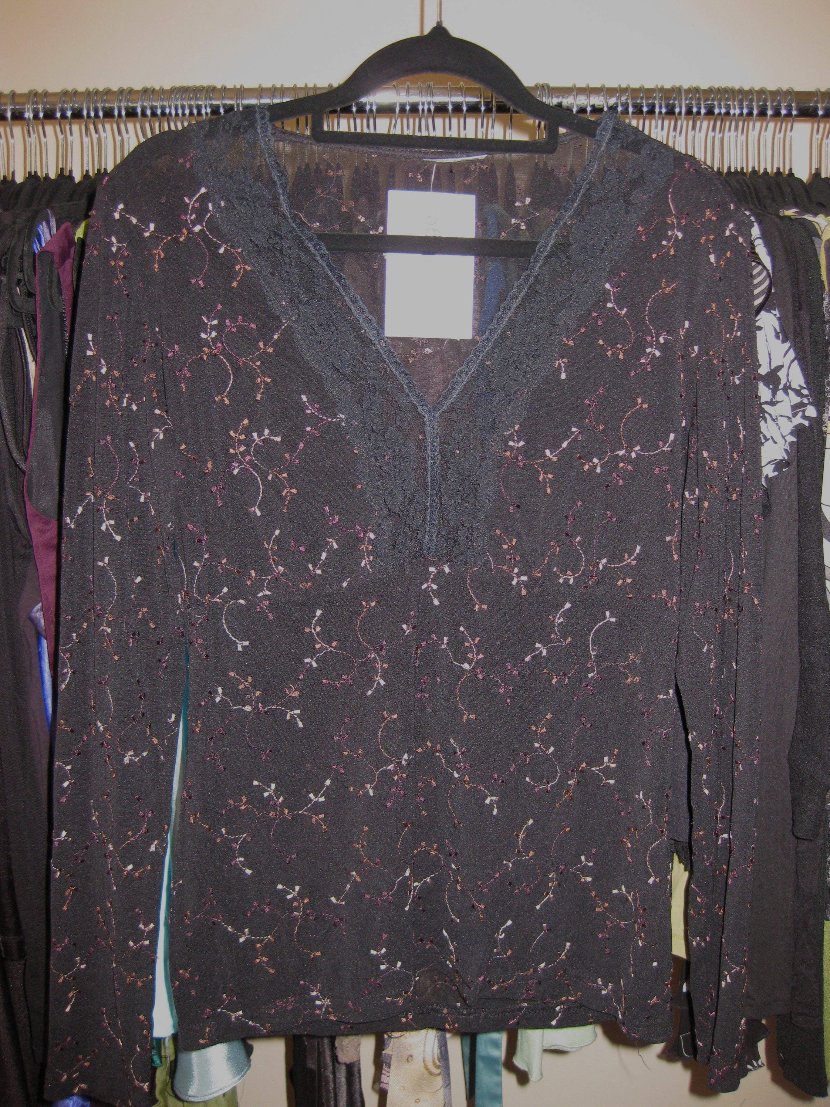 Black mesh lace trim top with purple detailing size S