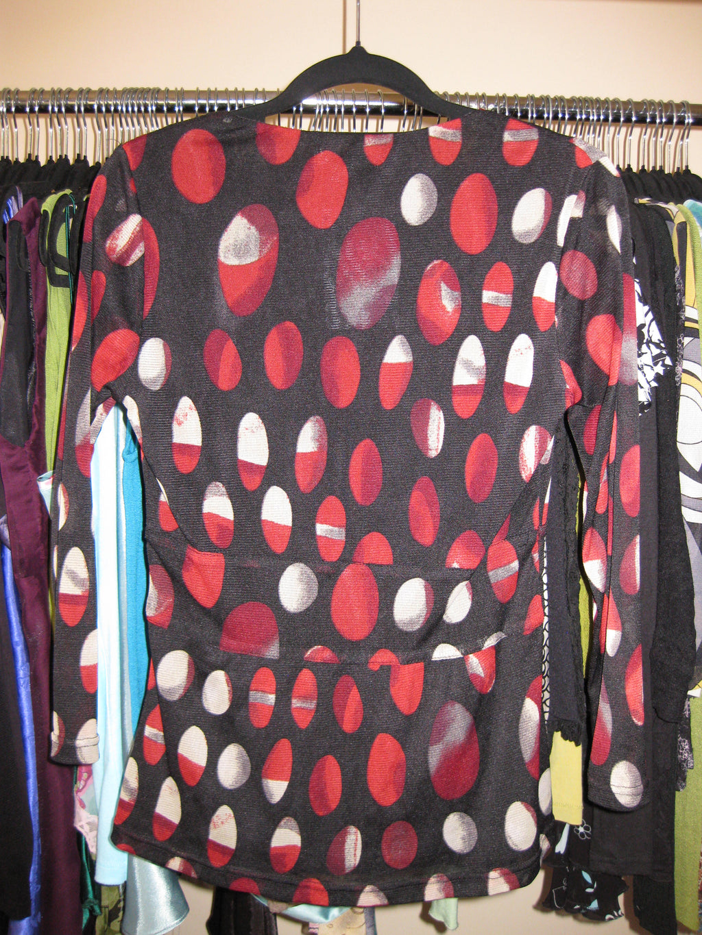 Black and red dotted long sleeve wrap top size XS