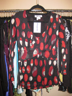 Long sleeve wrap top in black with red dot pattern size XS