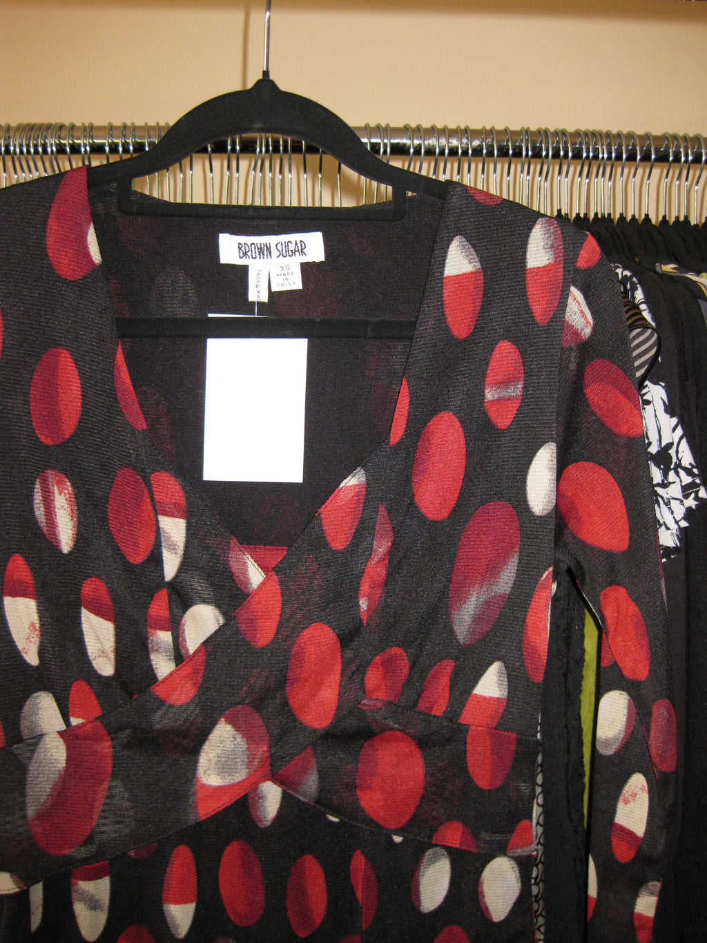 Black red polka dot wrap style long sleeve top size XS