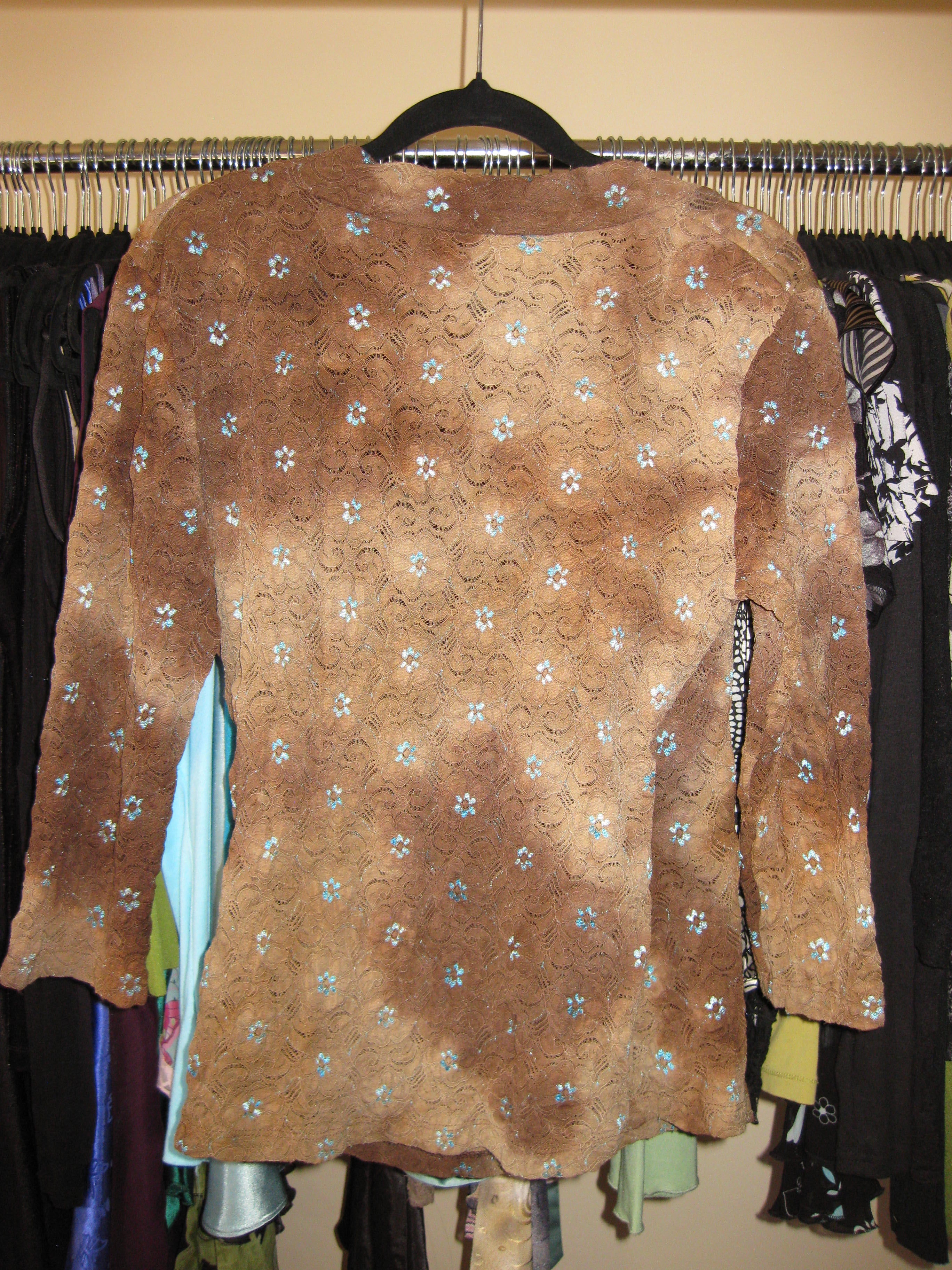 Lace wrap top in brown with blue flower detailing size XL