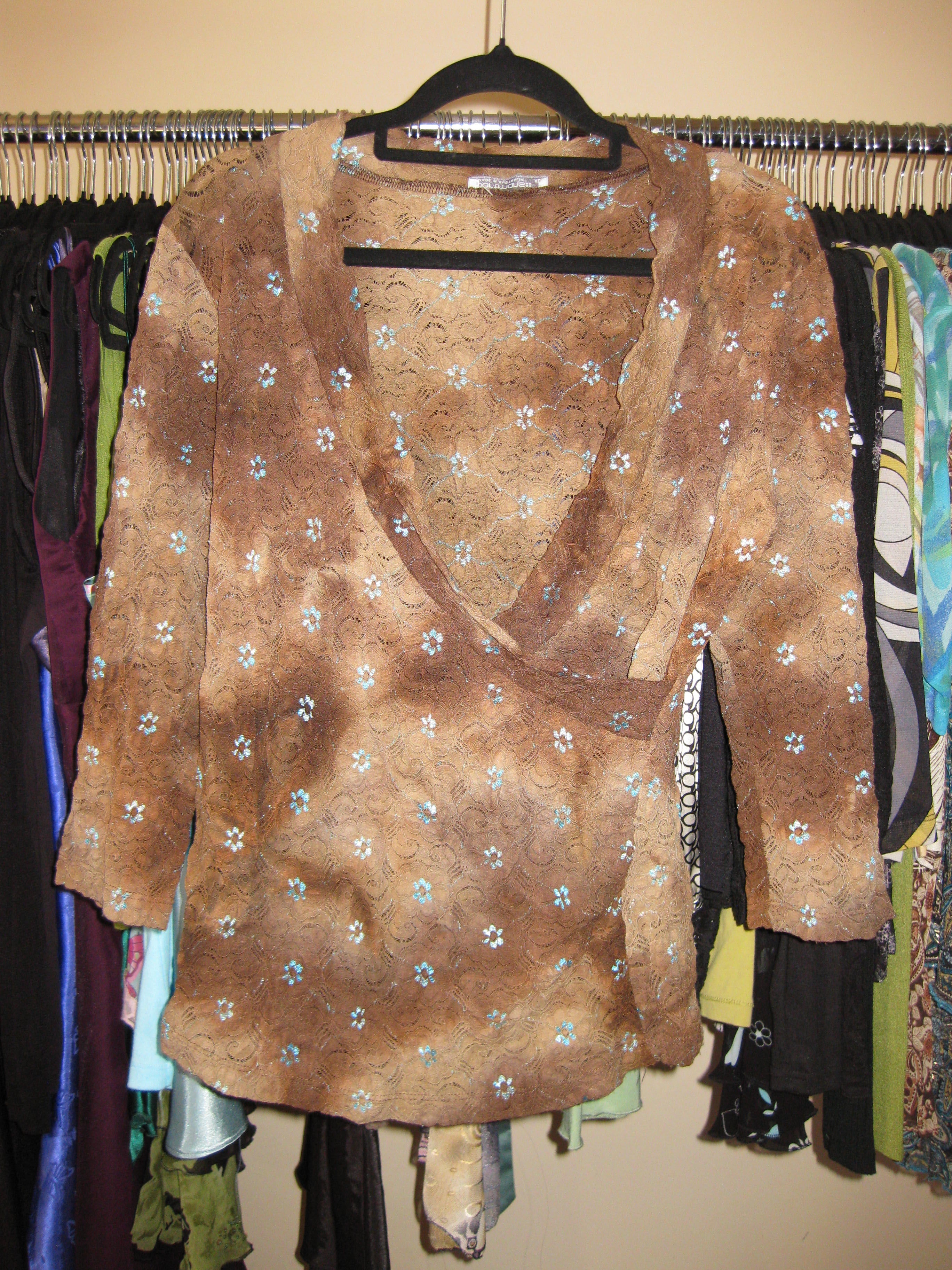 Brown lace wrap top with blue floral details size XL