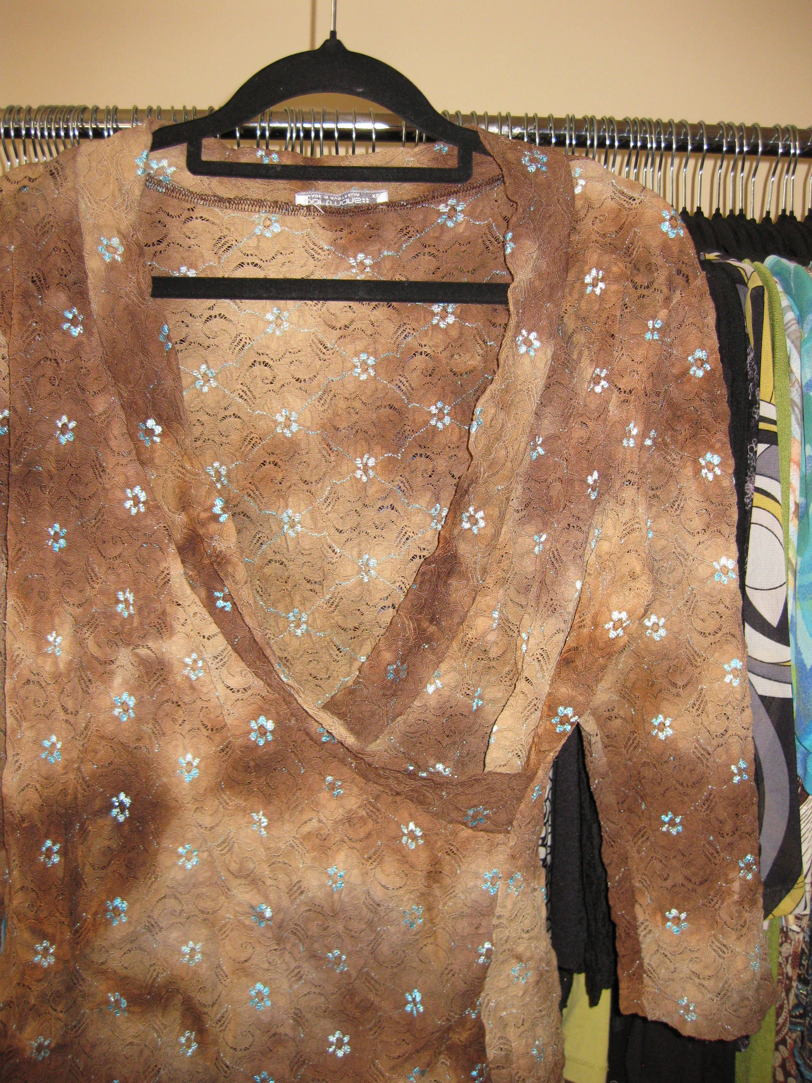 Brown wrap style lace top featuring blue floral accents size XL