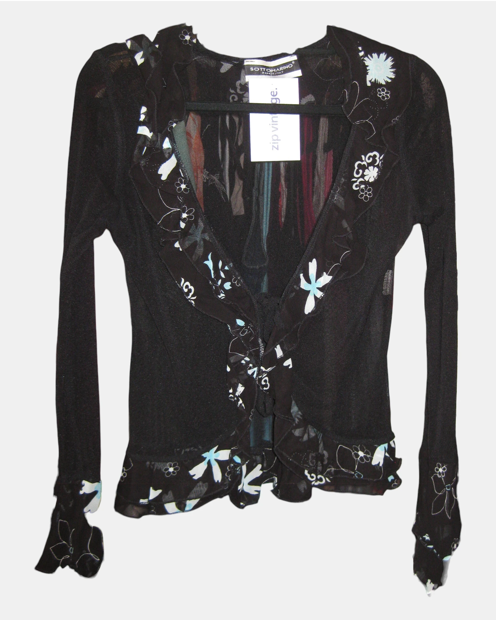Black Mesh Tie Up Top with Blue Floral Trim | Estimated Size XS-S - Zip Vintage