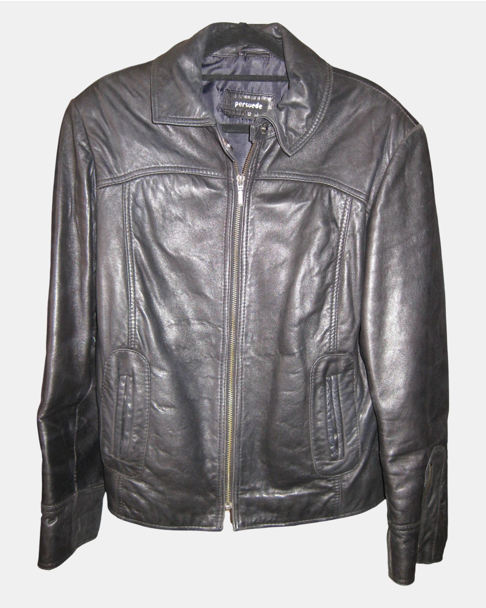 Black Leather Jacket with Arm Zip Detail | Size 12